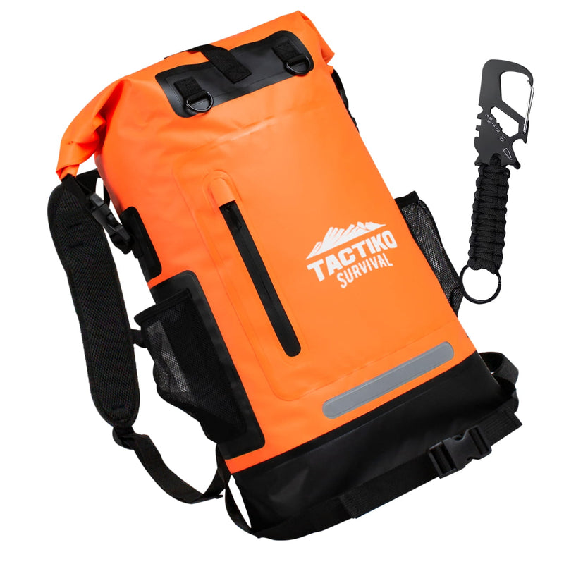 orange waterproof dry bag backpack with survival tool