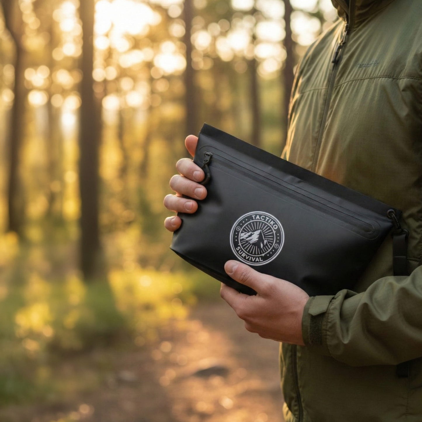 Waterproof pouch held outdoors