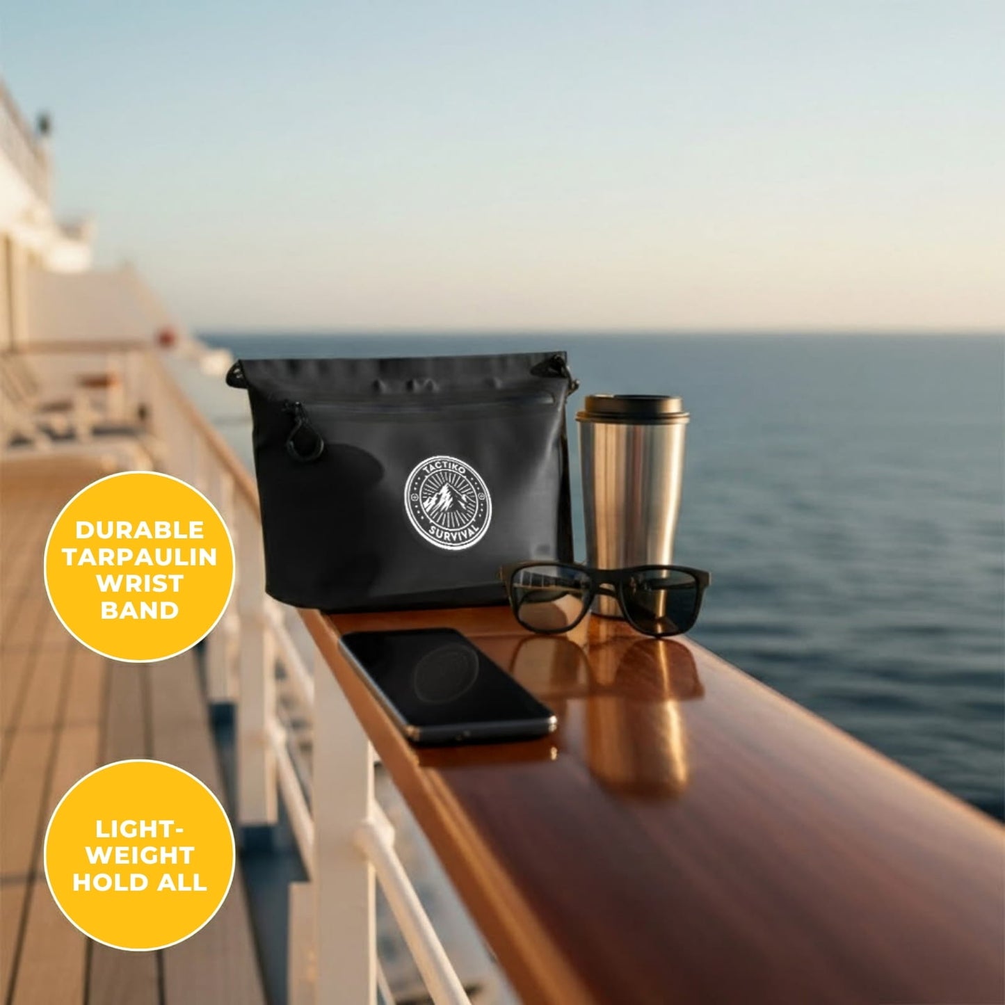 Waterproof pouch on deck with essentials