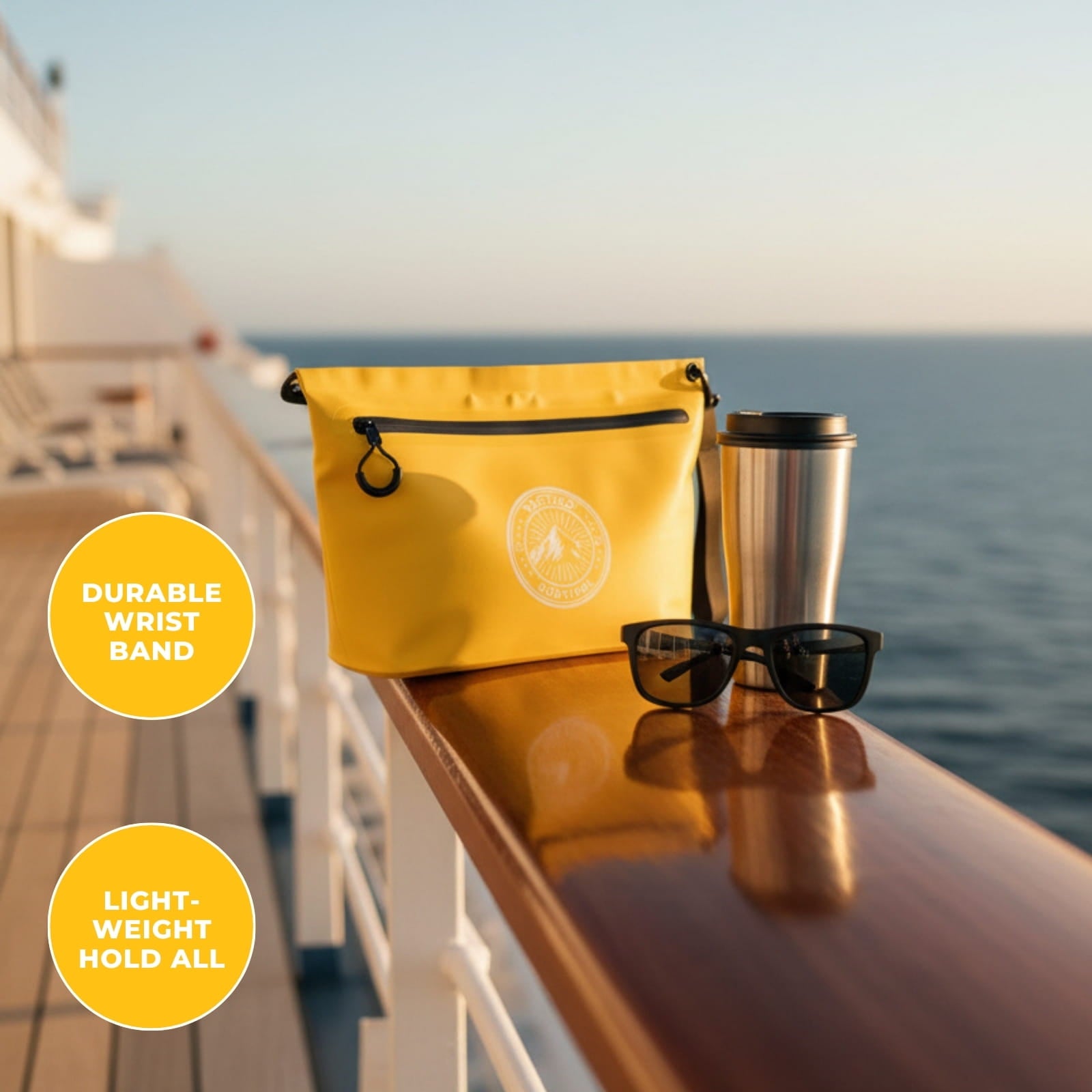 Yellow waterproof pouch on boat railing