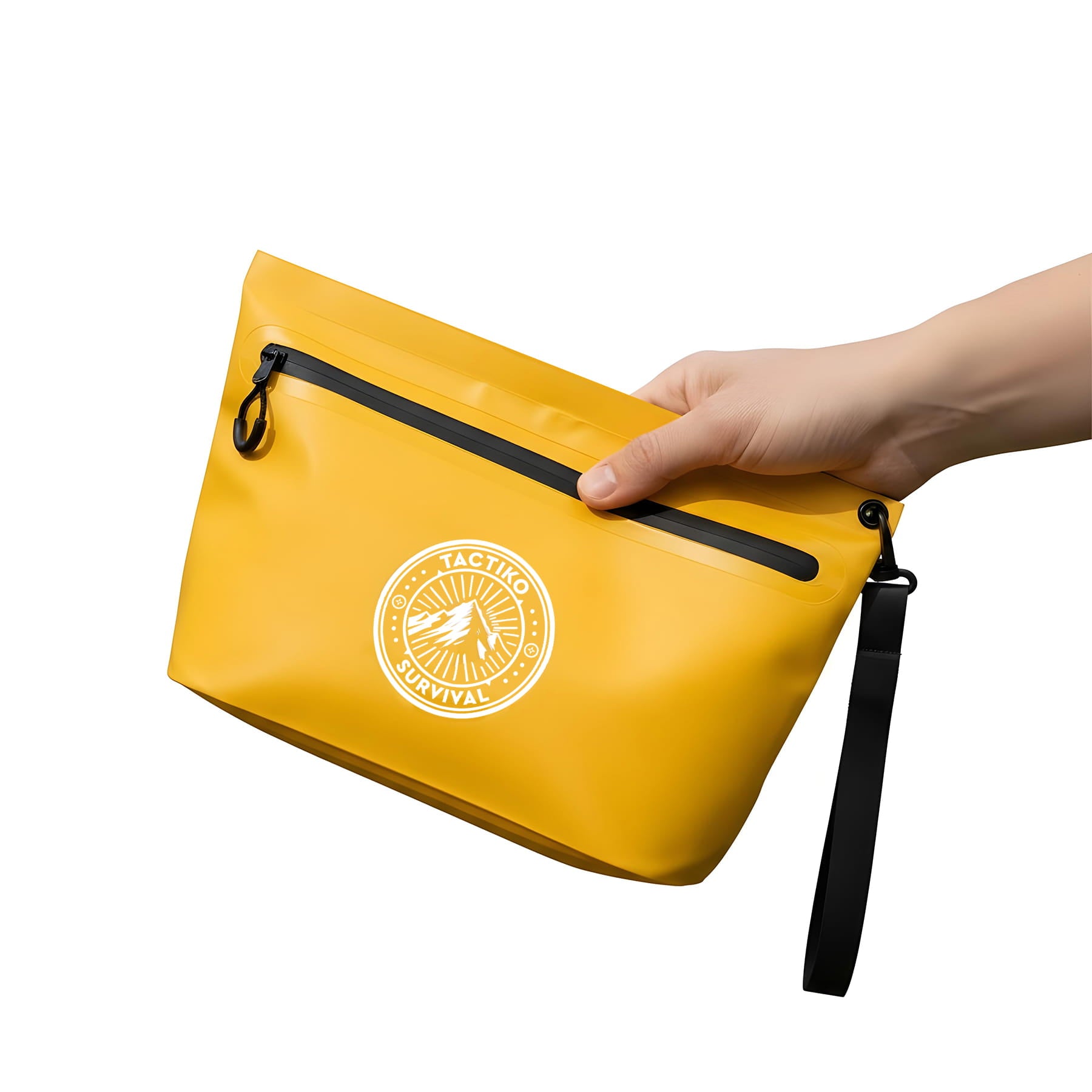 Hand holding yellow waterproof pouch