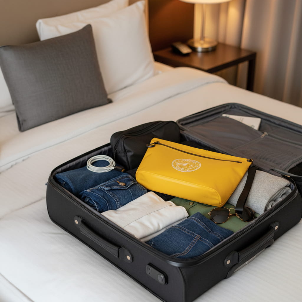 Yellow waterproof pouch in suitcase